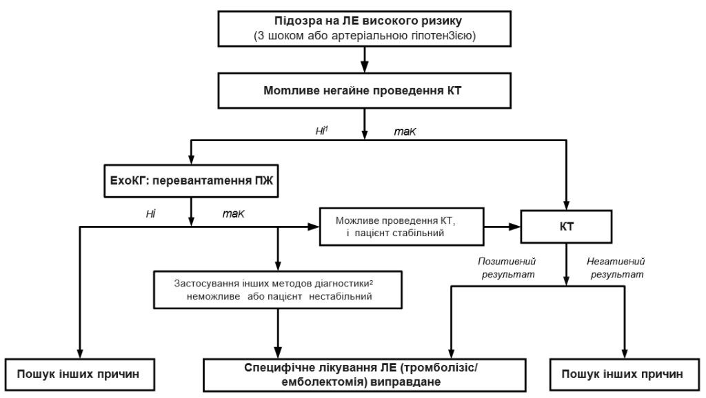 Рис. 1.  Діагностичний алгоритм для пацієнтів з підозрою на ЛЕ високого ризику, тобто у стані шоку або з артеріальною гіпотензією