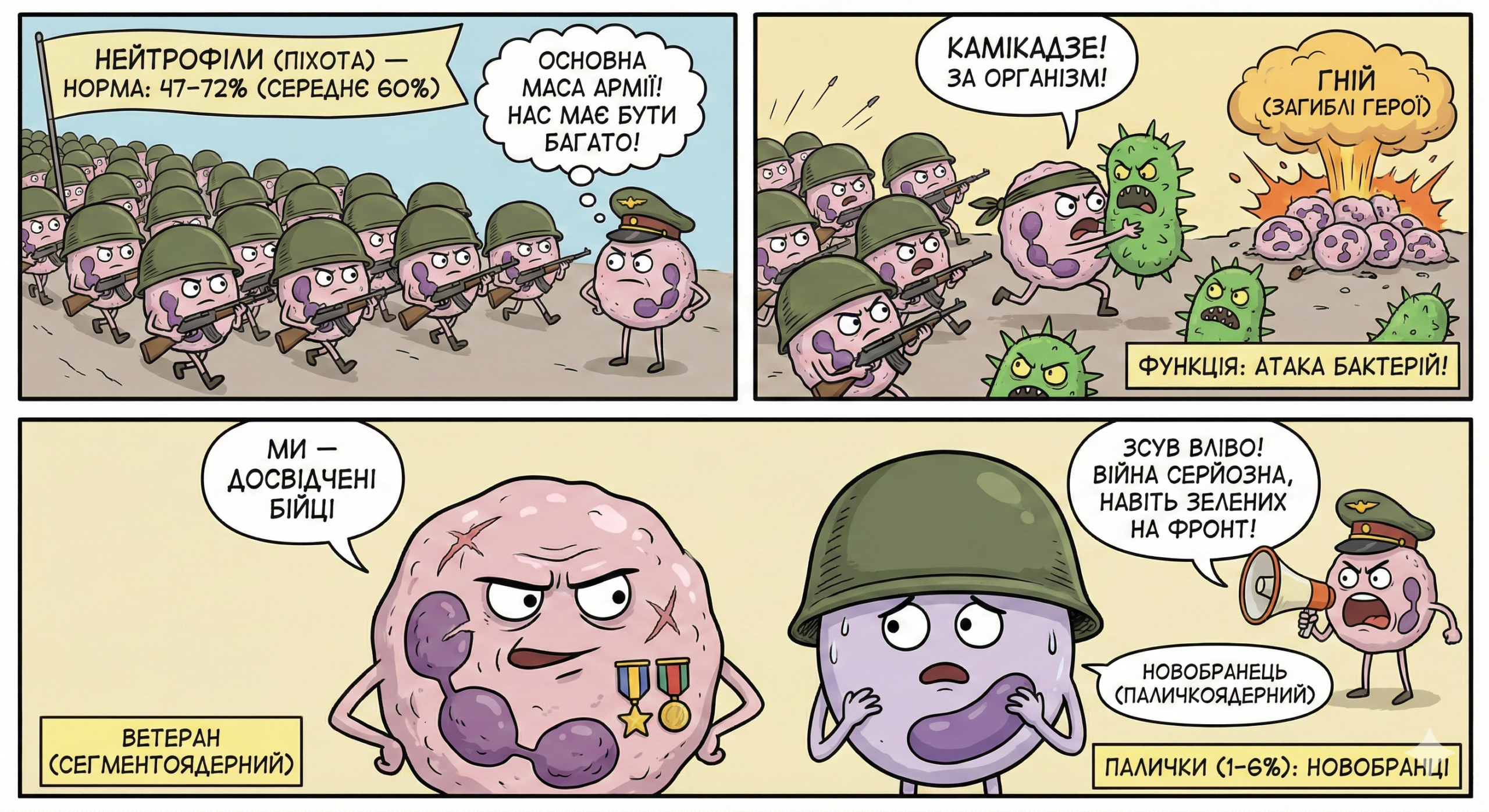 Функція: Бактерії. Вони першими кидаються на ворога (мікробів), з'їдають його і гинуть (гній — це загиблі нейтрофіли).