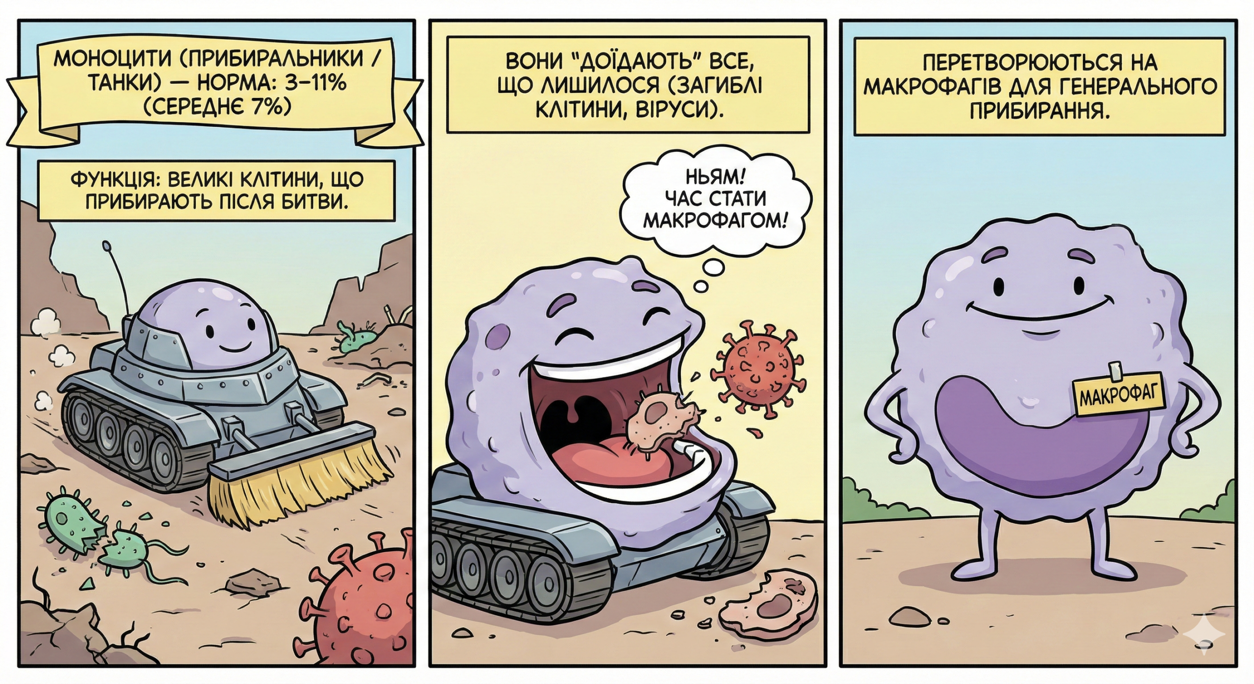 Функція: Великі клітини, які "доїдають" все, що лишилося після битви (загиблі клітини, віруси). Перетворюються на макрофагів.